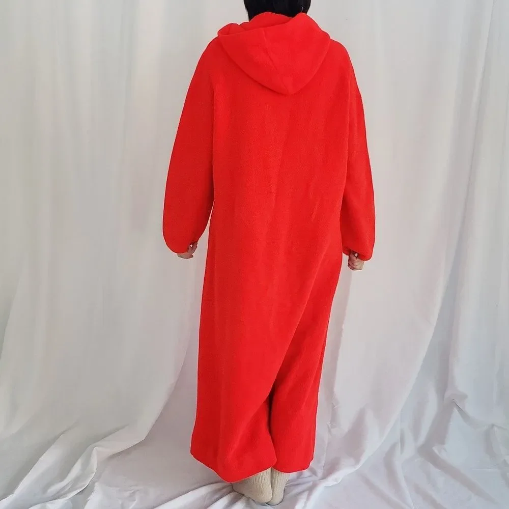 70s Red Hooded Fleece‎ Robe